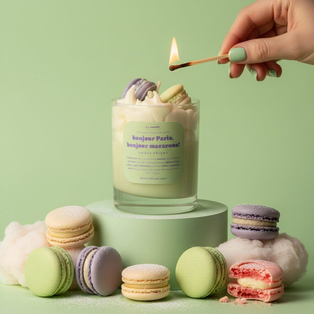 Bonjour Paris, bonjour macarons! - świeca sojowa z makaronikami